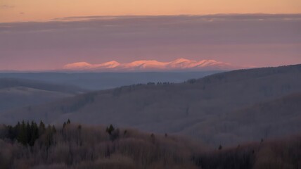 Distant snow capped mountain range glows pink under soft twilight sky above misty forested valleys at dawn