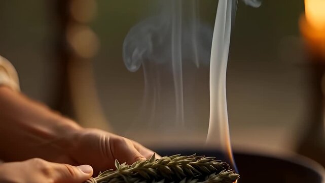 Person lights bundle of sage as smoke rises slowly during a quiet moment in nature