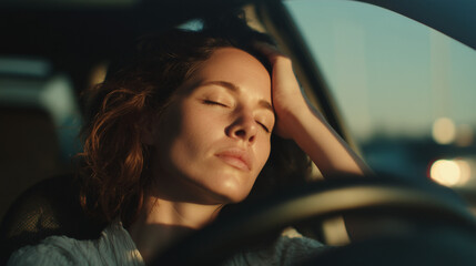 Peaceful woman relaxing in sunlit car during golden hour