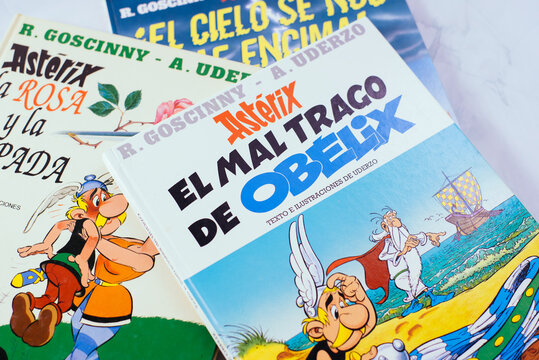 Valencia, Spain - December 10, 2025: Asterix and Obelix comics featuring characters and book covers with copy space