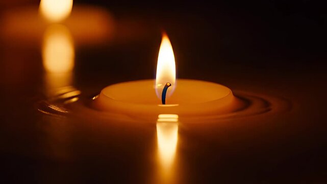 Candle flame illuminates a dark surface and creates a warm glow in a quiet space at night