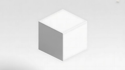 Minimalist white three dimensional cube object casting subtle shadows on a clean bright light gray background
