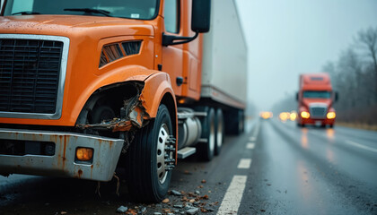 Damaged orange semi truck sits on wet highway shoulder after collision. Other trucks pass by the accident scene. Debris litters the road surface. Fog obscures distant traffic lights.