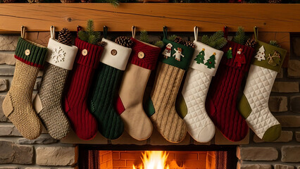 Horizontal photo of a row of colorful, patterned Christmas stockings hung neatly above a cozy, burning fireplace with a rustic stone mantel.