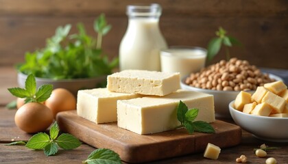 Blocks of firm tofu and cubed fried tofu beside whole soybeans and creamy soy milk in glass bottle and cup. Fresh mint leaves and brown eggs complement plant based foods.