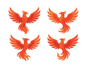 Phoenix bird collection, fiery wings, mystical creature, flat vector illustration