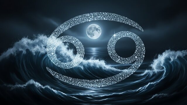 Cancer zodiac sign over ocean waves under moonlight - Powered by Adobe