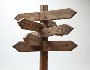Fototapeta premium Wooden signpost with multiple arrow signs pointing different ways. Indicates choice, direction, and path. Symbolizes decision making and future journeys.