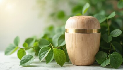 Fototapeta na wymiar A natural wood urn sits among lush green leaves. This eco friendly container represents remembrance and respect for departed loved ones. It suggests peace and a gentle return to nature.