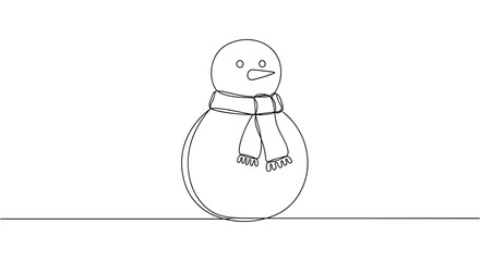 Line art of a snowman wearing a scarf on a white background  