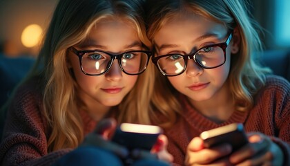Two young girls wearing glasses stare intently at smartphones. Faces illuminated by screen glow. Image highlights potential vision issues from device use. Seem absorbed in phones.