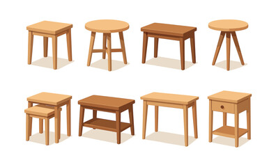 Dining room furniture set, tables and stools, flat vector illustration