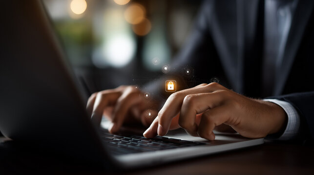 Faceless businessman hands on laptop with privacy tools compliance security interface data protection system consent management display encryption protocols monitoring - Powered by Adobe