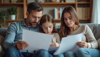Family reviews documents together on couch. Parents and daughter analyze papers, discuss information, plan finances, and make decisions. Teamwork, concentration, and home learning.