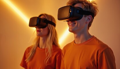 Young couple wearing VR headsets explore digital world together. Woman, man experience virtual reality using immersive goggles, enjoying futuristic entertainment, gaming. People discover new