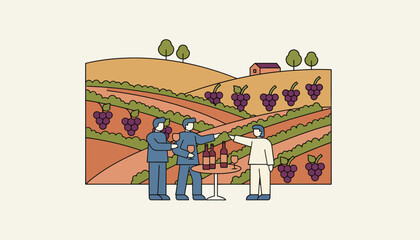 Obraz premium A picturesque vineyard with grapevines stretching across rolling hills where visitors participate in a winetasting event featuring locally produced wines.