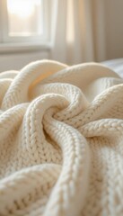 A cozy, textured white knitted blanket draped on a bed, with soft natural light streaming through a nearby window.