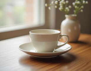 A white ceramic cup on a saucer sits on a wooden table. A small vase with flowers is in the background near a window.