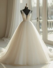A beautiful white wedding dress displayed on a mannequin. The dress features a fitted bodice and a flowing tulle skirt, set against a bright, airy background.