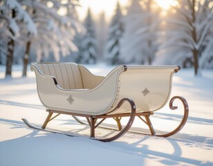 A vintage sleigh rests on a snowy landscape surrounded by evergreen trees. The sun casts a warm glow over the winter scene.