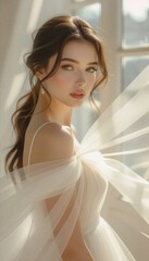 A young Asian woman with long brown hair poses gracefully in a soft, flowing white dress. Natural light illuminates her serene expression and delicate features.
