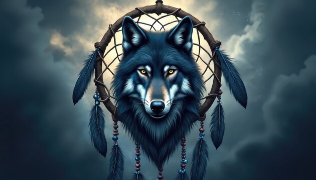 Artistic wolf face centered in dreamcatcher with blue feathers and beads. Mystic night sky background. Tribal, spiritual, protective symbolism, wild spirit.
