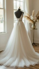 A white wedding dress displayed on a mannequin in a bright room. The dress features a flowing skirt and delicate embellishments. Decorative plants are in the background.