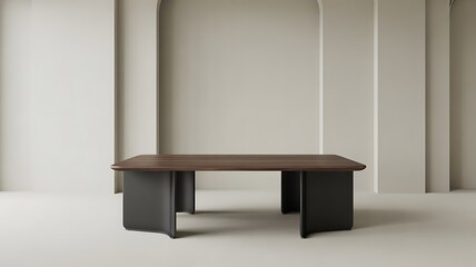 Elegant modern conference table with dark wood top and sculptural black bases in a minimalist architectural setting