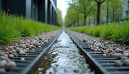 Urban drainage channel with flowing water and decorative stones. Lush green grass and trees line the path. Modern building facade is visible on the side.