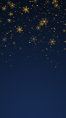 Naklejka premium golden snow flakes and glitter stars dust falling on blue ,snow flakes new year and Christmas vertical social media design element