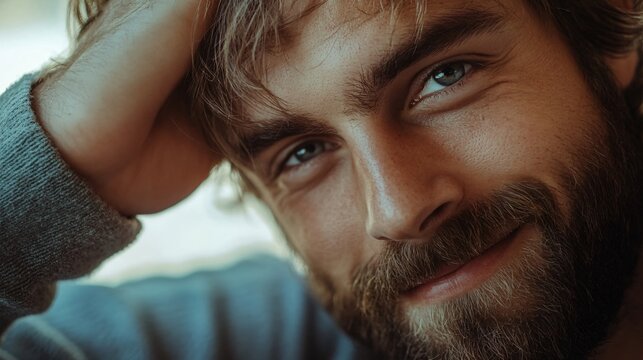 Youthful man smiling and touching beard