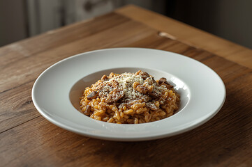 Creamy Italian Mushroom Risotto with Grated Parmesan on Rustic Wooden Table