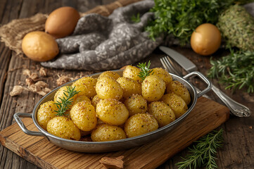 Golden Italian Roast Potatoes with Fresh Rosemary in Rustic Baking Tray