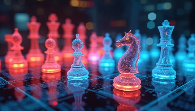 Digital chessboard with glowing holographic chess pieces represents AI in business strategy. Futuristic knight, pawns on circuit board represent competition, planning. Strategic moves in virtual game.