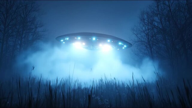 Alien abduction concept showing a man taken by a UFO in a foggy forest at night. Alien landing and creature on Earth.