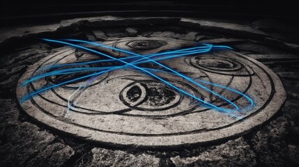 Mystical stone circle with intricate carvings illuminated by ethereal blue light trails, symbolizing metaphysical concepts and esoteric practices in a spiritual atmosphere