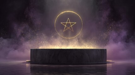 Mystical altar surrounded by ethereal mist and shimmering light, featuring a glowing pentagram symbolizing magic and spiritual energy in a serene atmosphere