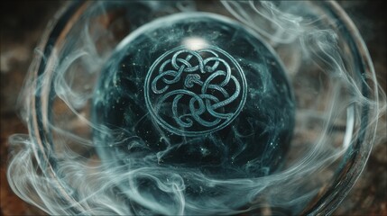 Mystical crystal ball surrounded by swirling smoke, featuring intricate engravings, symbolizing metaphysical exploration and spiritual insight into the unknown realms of magic and esotericism