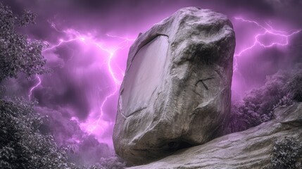 Majestic stone monolith stands against a dramatic purple sky, illuminated by lightning, evoking themes of mysticism, metaphysics, and ancient magic in a surreal landscape
