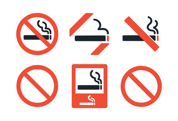 No smoking signs, prohibition symbols in flat vector illustration, tobacco free designs