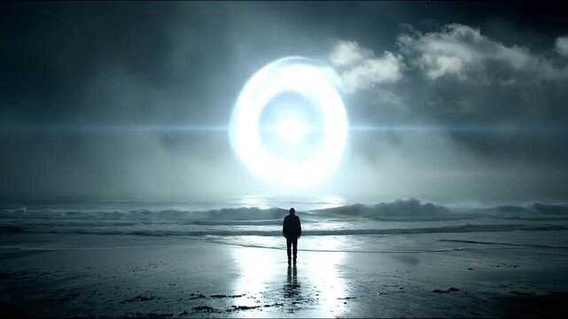 Man stands on beach looking at glowing alien gate in sky, alien contact or ufo arrival concept