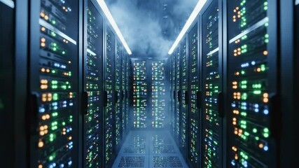 Smooth camera movement through a dark server room corridor with blinking LED lights. Concept of cloud computing, big data storage, cyber security, and global internet infrastructure.
- Powered by Adobe