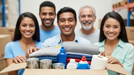 Five diverse people with a donation box of food and clothes. Community support and humanitarian aid concept for volunteering.