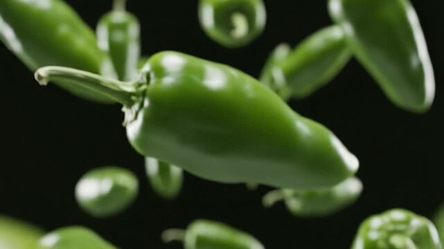 Fresh Green Chili Peppers Falling Against Dark Background.