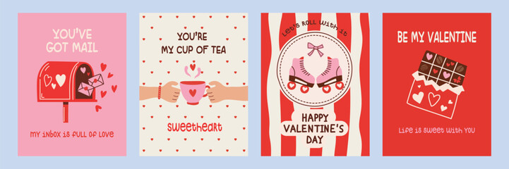 Creative concept of Happy Valentines Day cards in retro style hand drawn style with roller skates, mailbox, chocolate, hearts, . Template for ads, banner, branding,  cover, label, poster.