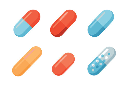 Colorful capsule designs, medicine and pills, flat vector illustration
