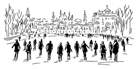 Crowd of people in city square vector illustration. Public urban life with walking pedestrians. Street scene sketch. © Luka