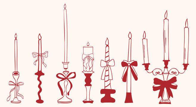 Hand drawn vector set of vintage candlesticks and candelabras decorated with feminine pink ribbon bows. Coquette aesthetic collection for invitations, digital scrapbooking,elegant, nostalgic design