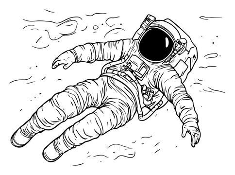 Astronaut floating in space vector illustration. Spaceman in zero gravity cosmos. Science fiction suit sketch.