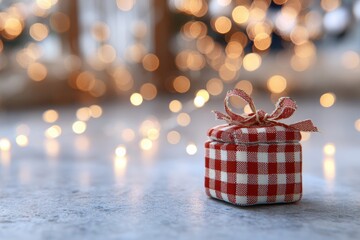 Small checkered red and white gift box sits on a textured surface with soft bokeh lights in the background, creating a festive atmosphere for New Year and Christmas celebrations